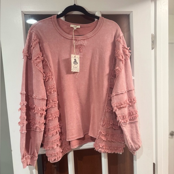 easel Tops - NWT EASEL LONG SLEEVE TOP WITH FRINGE DETAIL